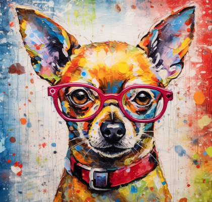Painting Of A Chihuahua In Red Collar And Glasses With Multi Color Paint Spots