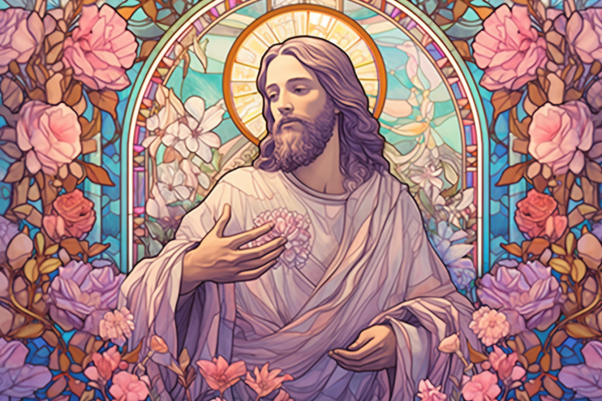 Graceful Jesus Among Roses On Stained Glass