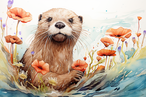 Watercolor Otter And Flowers