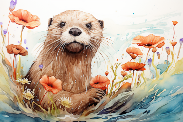 Watercolor Otter And Flowers  Paint by Numbers Kit