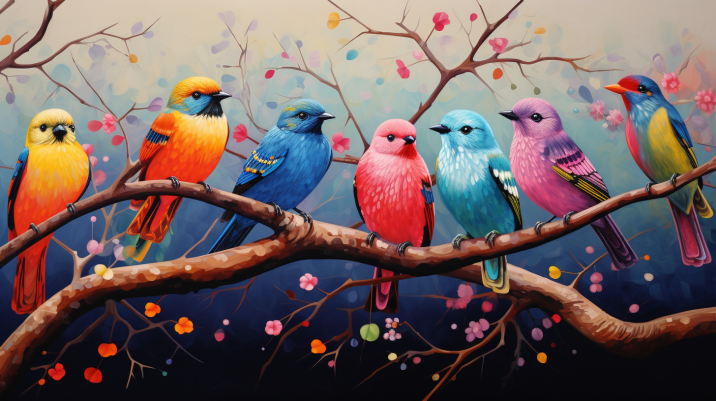 Fun Colorful Birds On A Branch  Paint by Numbers Kit
