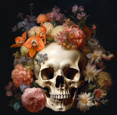 Flowers And A Skull In The Dark