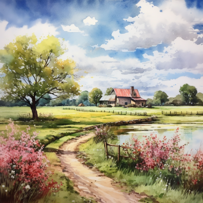 Watercolor Country Home On A Spring Day   Paint by Numbers Kit