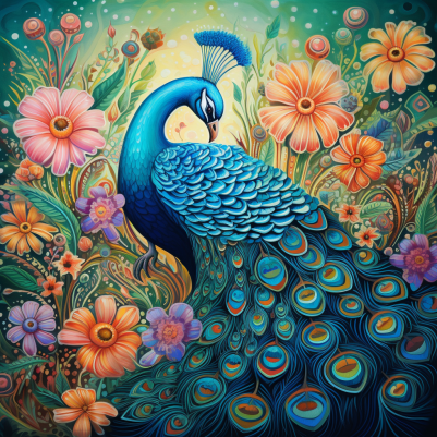 Tender Peacock And Flowers