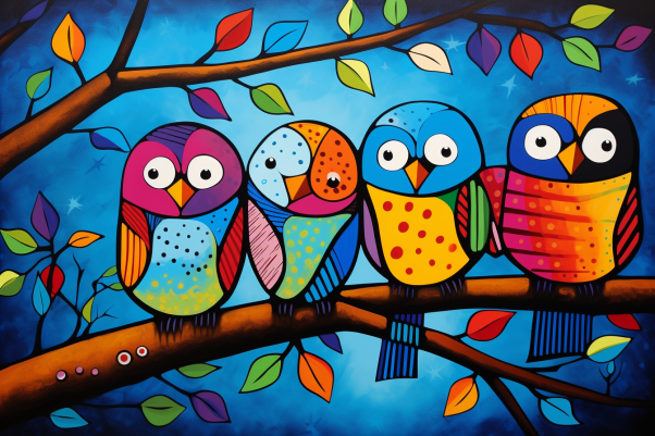 Colorful Playful Birds  On A Branch