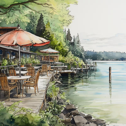 Pretty Watercolor Vintage Lakeside Dining