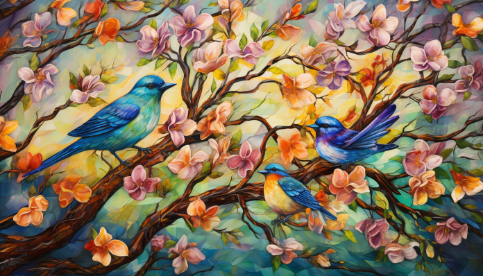 Three Beautiful Birds In Spring  Paint by Numbers Kit