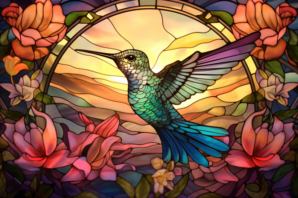 Pretty Hummingbird And Flowers On Stained Glass