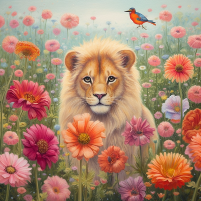 Lion In Colorful Flowers