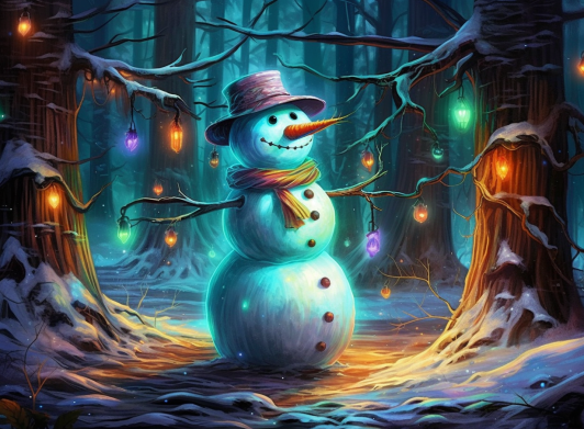 A Happy Snowman In A Magical Forest