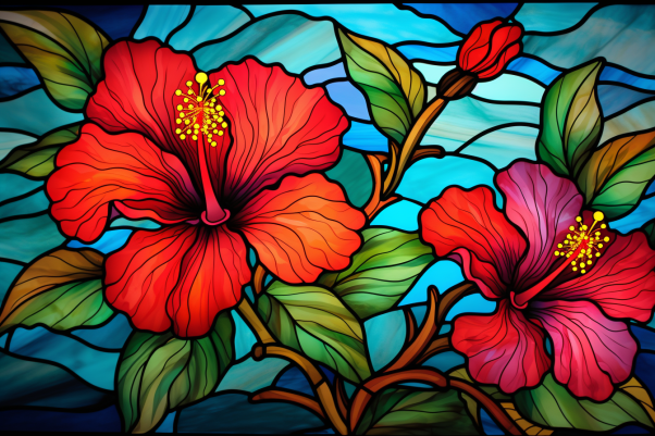 Red Hibiscus On Stained Glass   Paint by Numbers Kit