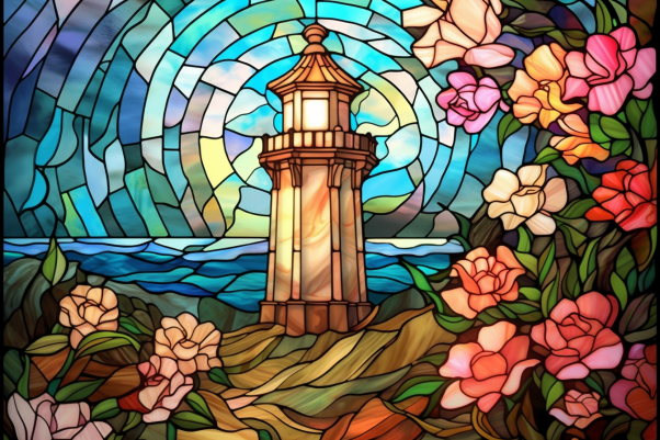 Graceful Lighthouse With Roses On Stained Glass