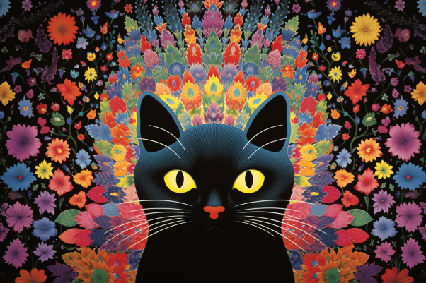 Bold Black Cat And Colorful Flowers  Paint by Numbers Kit