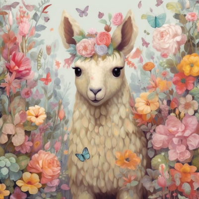 Sweet Little Llama With Flowers And Butterflies