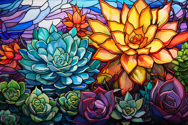 Bright Succulents On Stained Glass