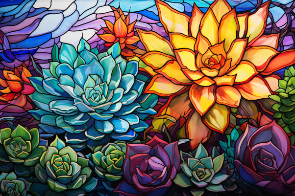 Bright Succulents On Stained Glass  Paint by Numbers Kit