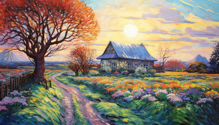 Old Farmhouse In Flower Fields  Paint by Numbers Kit