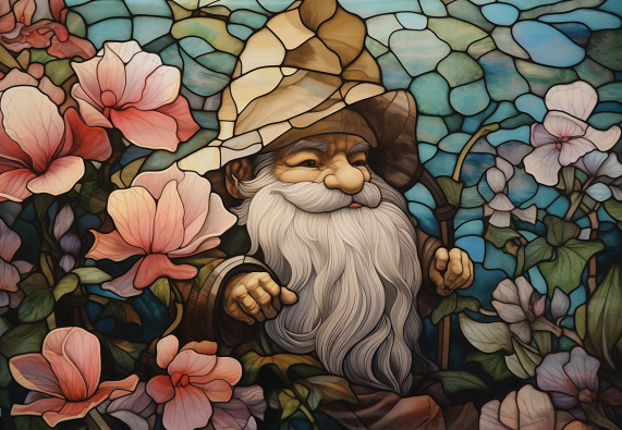 Explorer Gnome Among Flowers