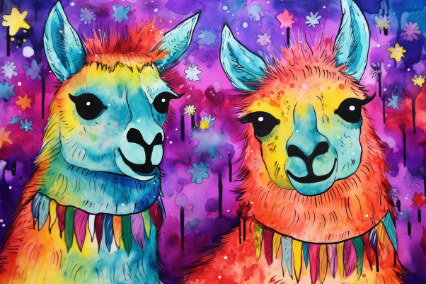 Watercolor Coloful Mexican Llamas And Stars