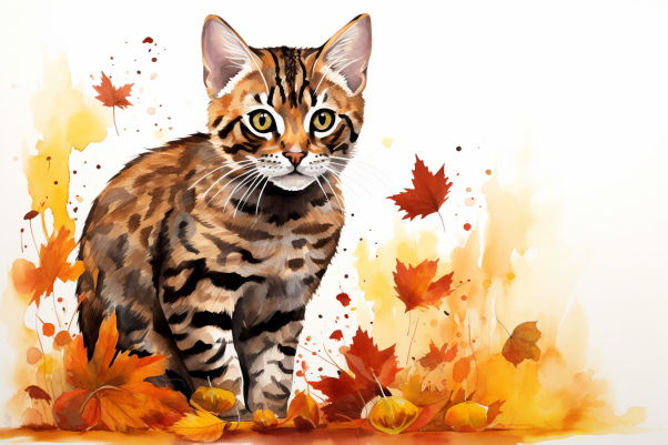 Bengal Kitty Walking In Leaves