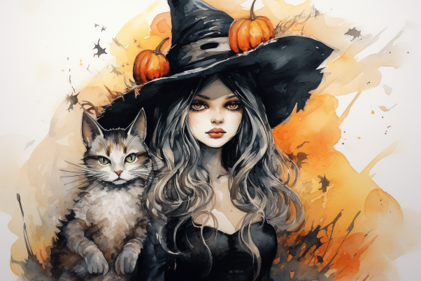 Posing Halloween Cat And Witch