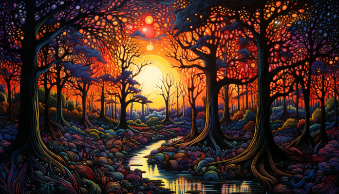 Magical Forest And Vivid Red Sky  Paint by Numbers Kit
