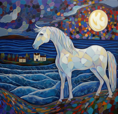 Mosaic White Horse Night Sky
