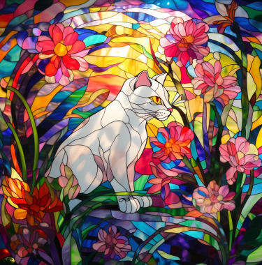 Stained Glass Kitty In Wild Flowers