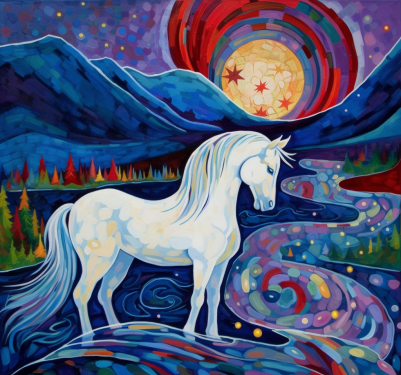 White Horse And Rainbow Stream