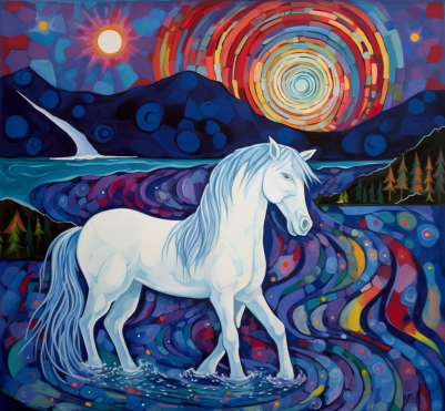White Horse In Rainbow Water Mosaic Style