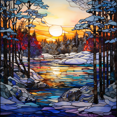 Frozen Lake And Snow On Stained Glass