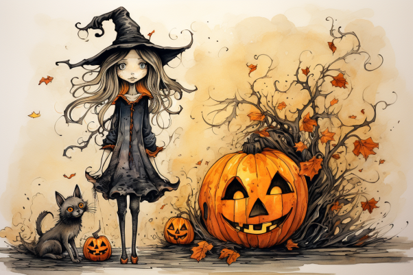 Weird Witch And Halloween Jack O Lantern
