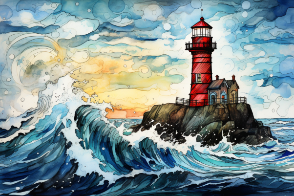 Watercolor Lighthouse And Large Wave