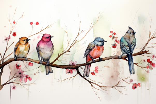 Four Watercolor Birds On A Branch  Paint by Numbers Kit