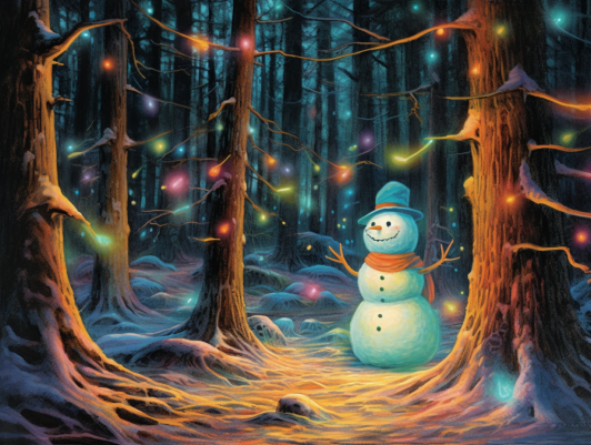 A Smiling Snowman In A Magical Forest