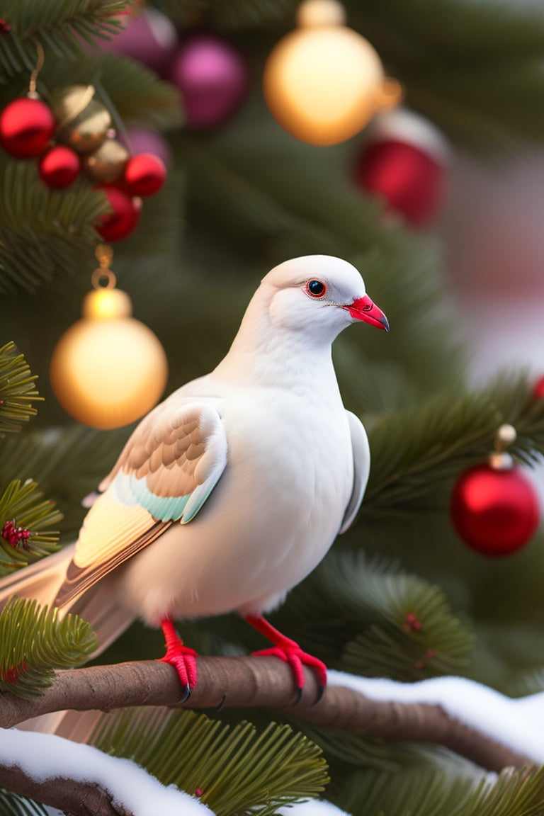 Christmas Bird In Branch Of Christmas Tree