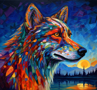 Multi Colored Wolf With Sunset