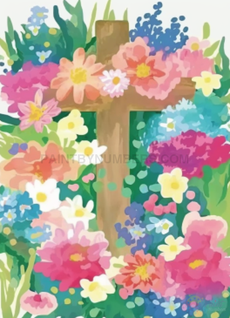 Water Color Flowers On A Cross Religious Paint By Numbers Kit