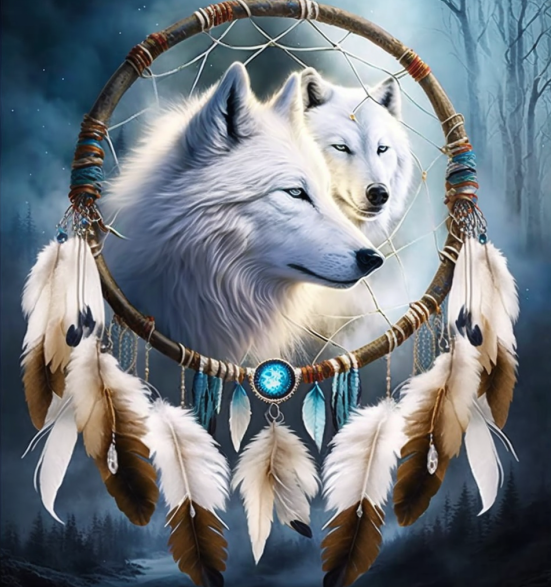 Large Paint By Numbers - White Wolf Dreamcatcher - Framed - 24x32in